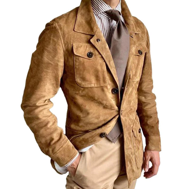 Veste multi-poches vintage à revers en daim uni pour hommes | Zavon
