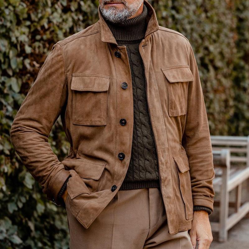Veste en daim unie multi-poches à revers vintage pour hommes | Zavon