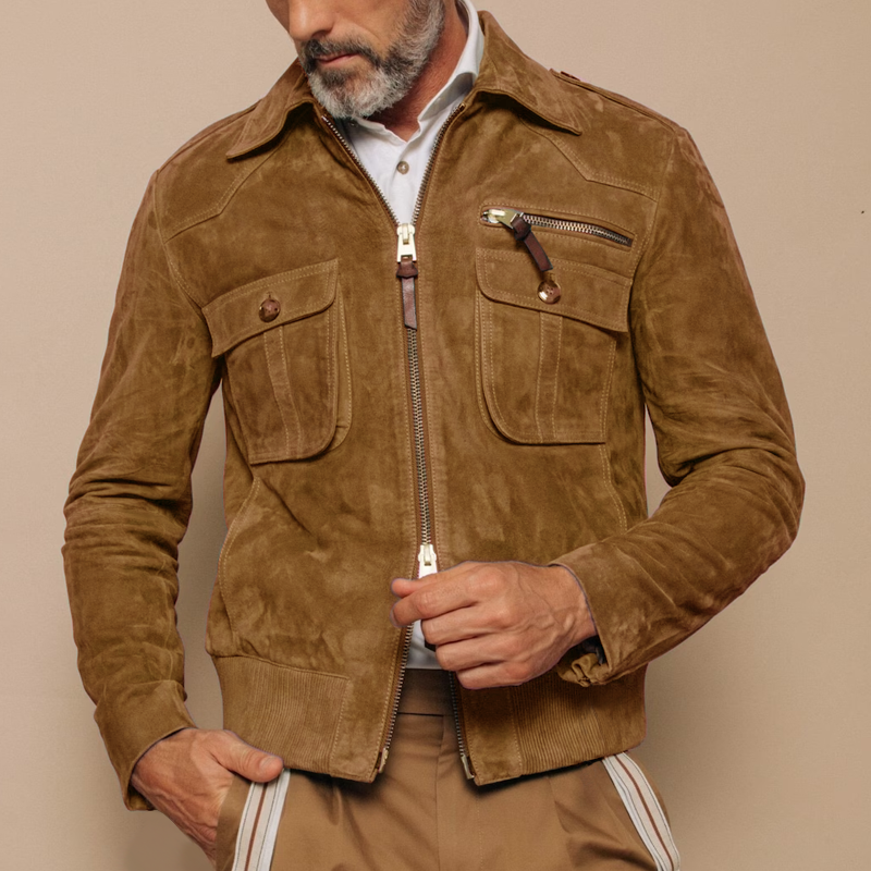 Veste en daim rétro avec poche poitrine et fermeture éclair pour hommes | Zavon