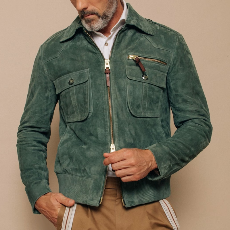 Veste en daim rétro avec poche poitrine et fermeture éclair pour hommes | Zavon