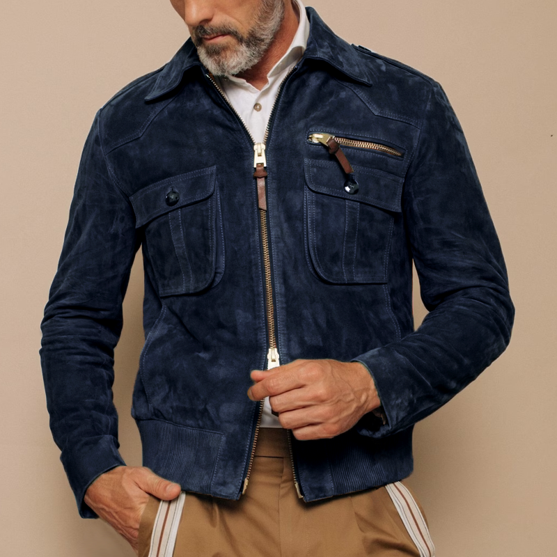 Veste en daim rétro avec poche poitrine et fermeture éclair pour hommes | Zavon