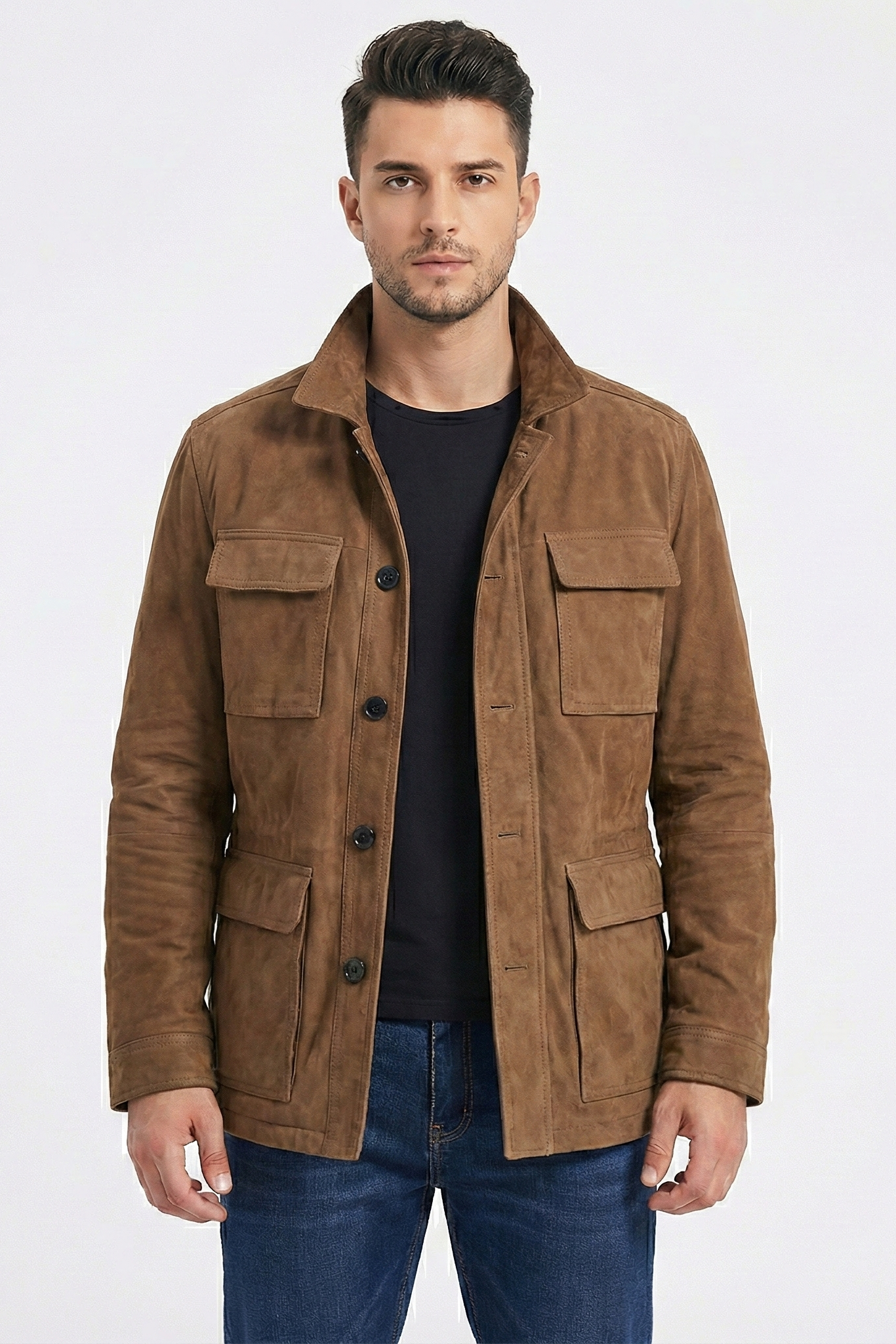 Veste en daim unie multi-poches à revers vintage pour hommes | Zavon
