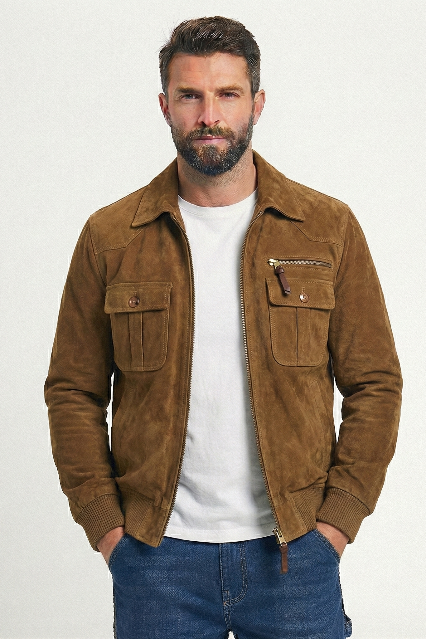 Veste en daim rétro avec poche poitrine et fermeture éclair pour hommes | Zavon