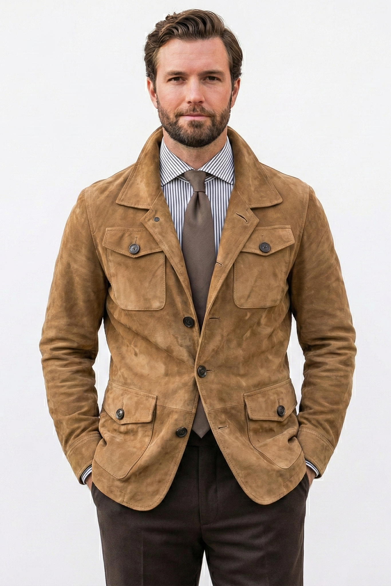 Veste multi-poches vintage à revers en daim uni pour hommes | Zavon
