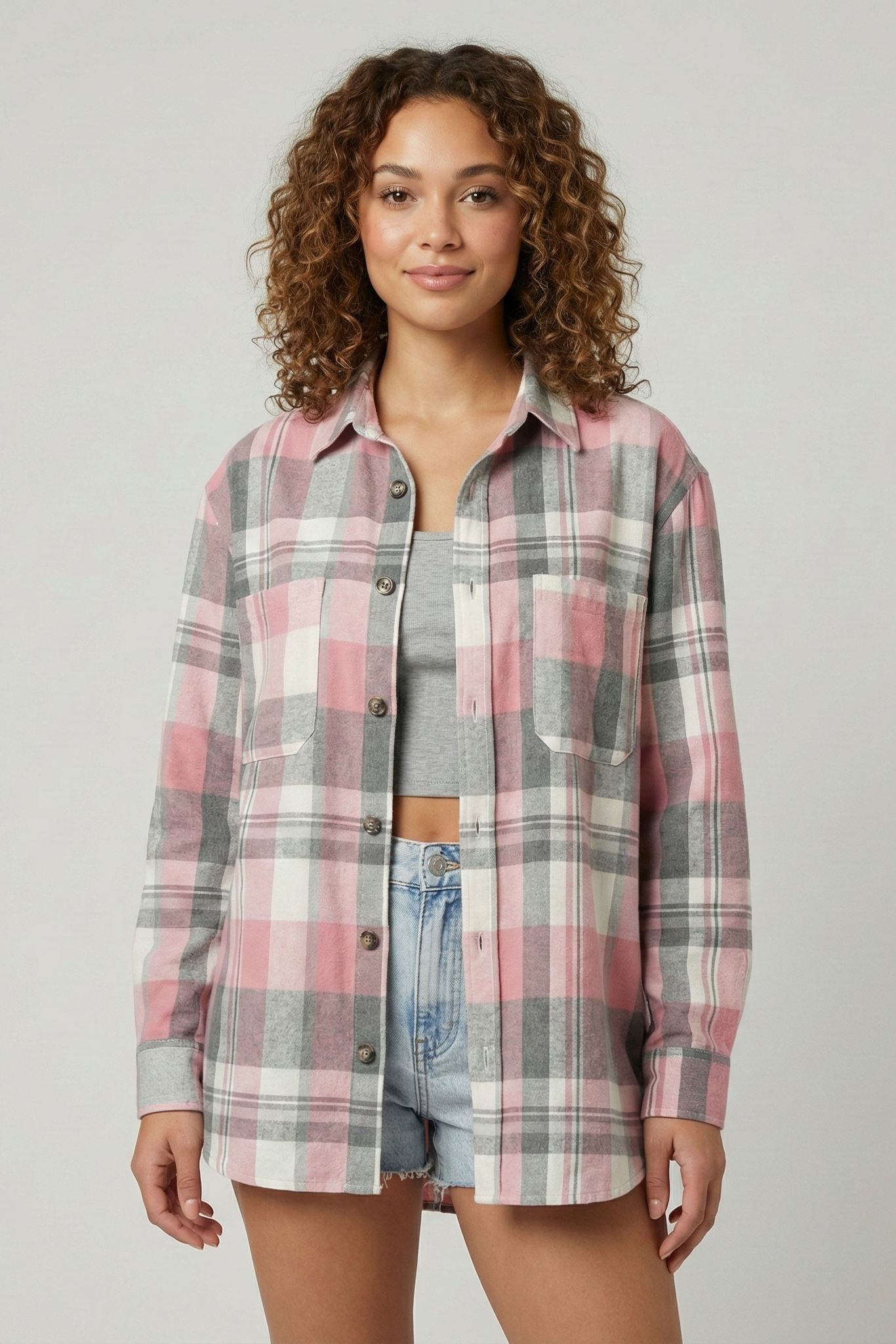 Vêtements d'extérieur à manches longues à carreaux roses | Zavon