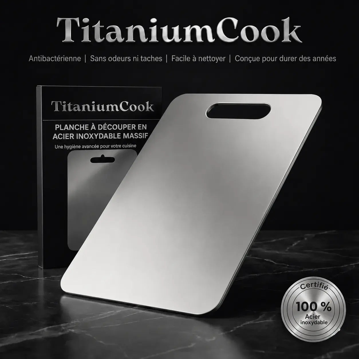 TitaniumCook™ | Planche à découper antibactérienne en acier inoxydable massif