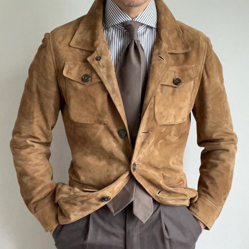 Veste multi-poches vintage à revers en daim uni pour hommes | Zavon